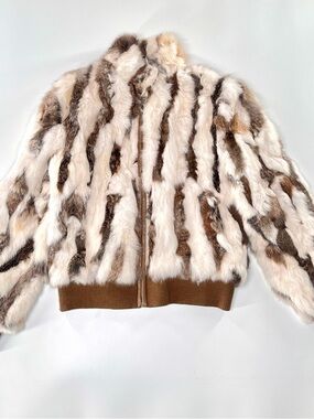 Genuine Real Fur Bomber Jacket in Cream and Brown NWOT Medium